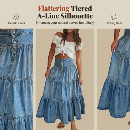 👗 50% OFF NOW! 👖 Denim Maxi Skirt – High Waist & Tiered A-Line – Button Front & Vintage Charm 🌾