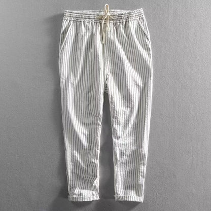 👖 50% OFF NOW! 🌿 Men's Linen Pants – Striped & Cropped – Elastic Waist & Drawstring – Breathable Summer Trousers 🏖️