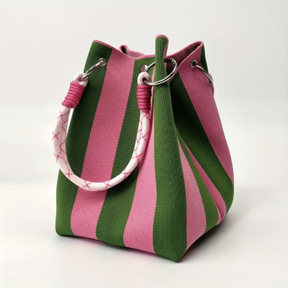 👜 50% OFF NOW! 🧶 Striped Knit Bucket Handbag – Chic Rope Handle & Snap Closure – Spacious & Lightweight – Perfect Vacation Accessory 🏖️