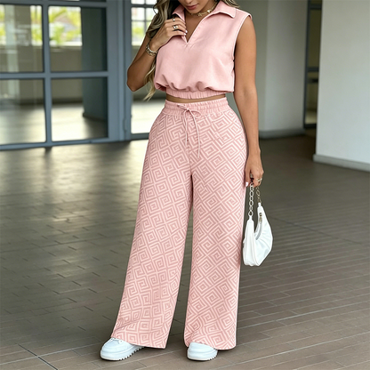 👚 50% OFF NOW!🌸 Women's Two-Piece Lounge Set – Collared Crop Top & Wide-Leg Pants – Drawstring & Breathable – Chic Casual Outfit 👖
