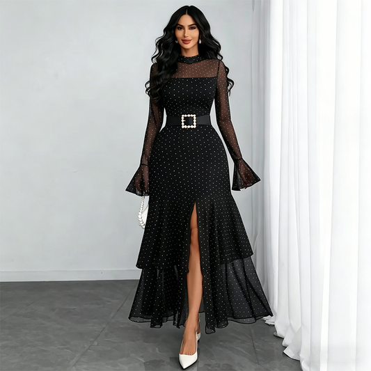 👗 50% OFF NOW!✨ Women's Sheer Bell Sleeve Maxi Dress – High-Waist & Dramatic Slit – Elegant Party & Wedding Guest Gown 🌹