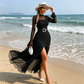 👗 50% OFF NOW!✨ Women's Sheer Bell Sleeve Maxi Dress – High-Waist & Dramatic Slit – Elegant Party & Wedding Guest Gown 🌹