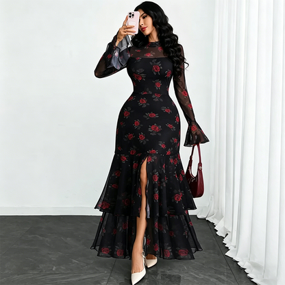 👗 50% OFF NOW!✨ Women's Sheer Bell Sleeve Maxi Dress – High-Waist & Dramatic Slit – Elegant Party & Wedding Guest Gown 🌹