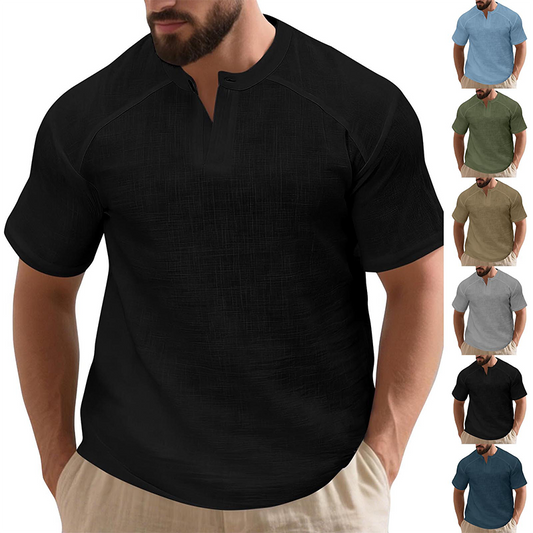 👕 50% OFF NOW!✨ Men's Casual Solid Color Short Sleeve T-Shirt – Unique Stand Collar & Raglan Sleeve – Textured Cotton Blend 🌿