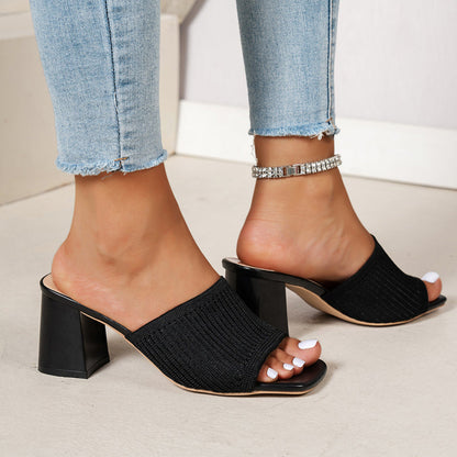 👡 50% OFF NOW!✨ Women's Knit Square Toe Chunky Heel Sandals – Breathable & Stable – Chic Slip-On Summer Shoes 🌿