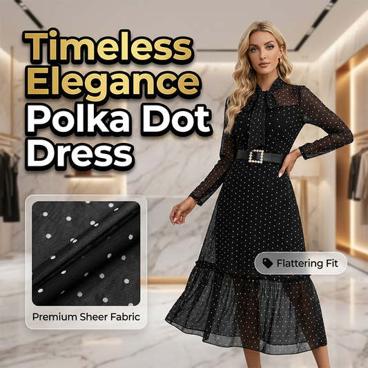 👗 50% OFF NOW!✨ Polka Dot Tie-Neck Midi Dress – Pearl Belt & A-Line – Elegant Vintage Party Dress 🥂
