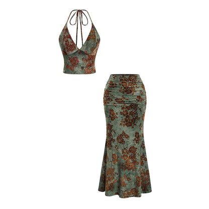 🌺 50% OFF NOW!🌴 Bohemian Floral Halter Top & Maxi Skirt Set – Mermaid Hem & Resort Chic – Vacation Essential 🌊