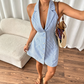 👗 50% OFF NOW!🌊 Women's Halter Striped Short Dress – Backless, A-Line & Blazer Collar – Summer Chic Essential ☀️