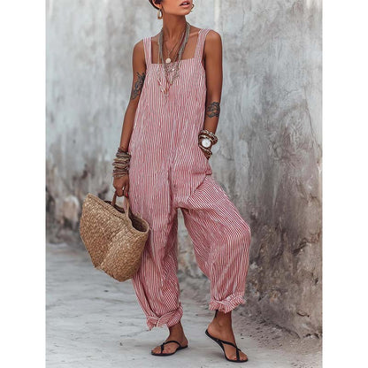 👗 50% OFF NOW! 🌊 Women's Casual Striped Spaghetti Strap Jumpsuit – Relaxed Fit, Breathable & Wide-Leg – Perfect for Sunny Days ✨