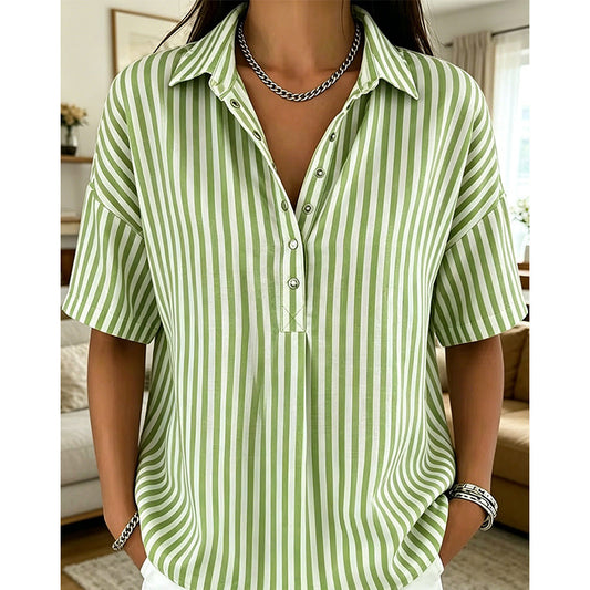 👚 50% OFF NOW!🌿 Women's Casual Striped Short-Sleeve Shirt – Relaxed Fit & V-Neck – Summer Essential 🛍️