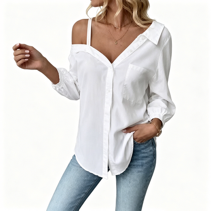 👚 50% OFF NOW! ✨ Women's Off-Shoulder Button-Down – Asymmetrical, Crinkle Fabric & Long Sleeve – Breezy, Relaxed & Chic 💫