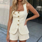 👚 50% OFF NOW! 👑 Women's Square Neck Vest & Shorts Set – Elegant Neckline, Gold Buttons & Structured Fit – 2-Piece Coordinated Summer Style 🧩