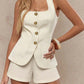 👚 50% OFF NOW! 👑 Women's Square Neck Vest & Shorts Set – Elegant Neckline, Gold Buttons & Structured Fit – 2-Piece Coordinated Summer Style 🧩