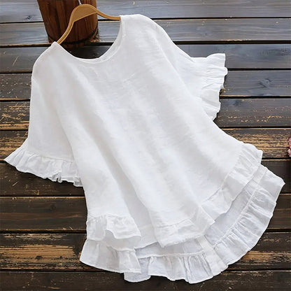 👚 50% OFF NOW! 🍃 Women's Ruffle Blouse – Cotton Linen Blend, Round Neck & Loose Fit – Flirty Ruffles, Breezy & Elegant ☁️