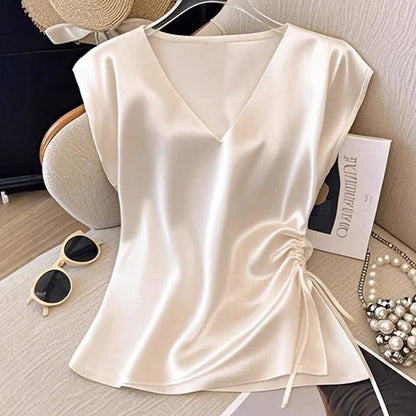 👚 50% OFF NOW! 💧 Women's Solid Color Silky V-Neck Tank Top – Satin-Like Sheen, Adjustable Side Ruching & Flattering Fit – Luxe Look, Easy Care 🎀