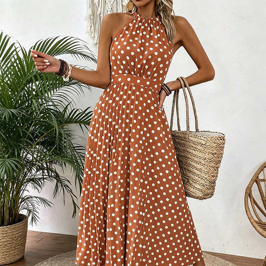 👗 50% OFF NOW! 🍊 Retro Polka Dot Halter Dress – Flowy Pleated Skirt & High Waist – Flattering & Breezy 🍋