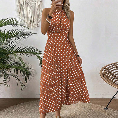 👗 50% OFF NOW! 🍊 Retro Polka Dot Halter Dress – Flowy Pleated Skirt & High Waist – Flattering & Breezy 🍋