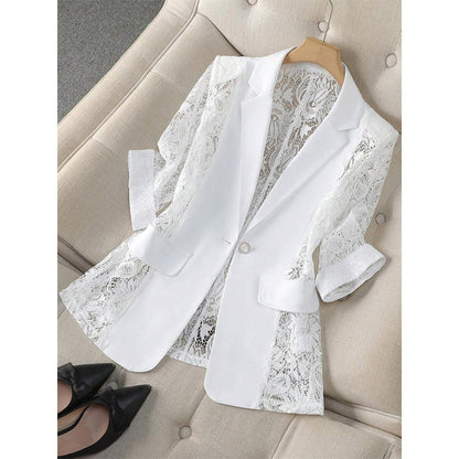 👔 50% OFF NOW! 🌸 White Lace Blazer – Slim Fit, 3/4 Sleeve & Elegant Transition – Sheer Floral Lace Panels, Tailored Silhouette ✨