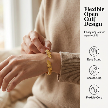 🍃 50% OFF NOW! ✨ Plated Leaf Open Cuff Bracelet – Adjustable Stainless Steel, 18K Gold/Silver Finish – Nature-Inspired, Perfect for Daily Elegance or Gifting 💛
