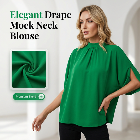 👚 50% OFF NOW! 🕊️ Women's Elegant Mock Neck Top – Draped Silhouette, Slit Batwing Sleeves & Breathable Fabric – Office to Weekend ☁️