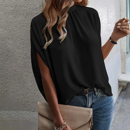 👚 50% OFF NOW! 🕊️ Women's Elegant Mock Neck Top – Draped Silhouette, Slit Batwing Sleeves & Breathable Fabric – Office to Weekend ☁️