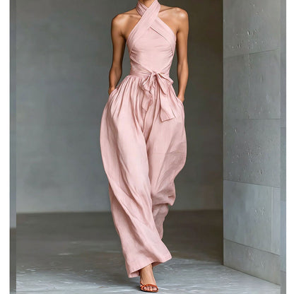 👗 50% OFF NOW! 💫 Elegant Halter Sleeveless Jumpsuit with Waist Tie – Crisscross Neckline, Wide Leg & Deep Side Pockets – Effortless Sophistication ✨