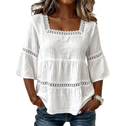 👚 50% OFF NOW! 🌼 Square Neck Boho Blouse – Crochet Lace, Bell Sleeves & Tiered Flow – Breezy & Elegant 🌿