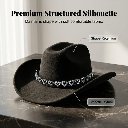 ✨ 50% OFF NOW! 🤠 Women's Rhinestone Heart Cowboy Hat – Sparkling French Jazz Fedora & Premium Structured Silhouette – Elegant, Glamorous & Festival Ready 🎪