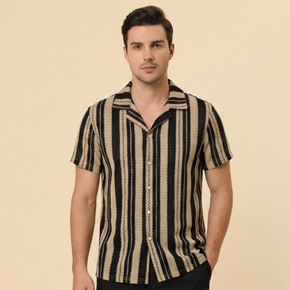 👕 50% OFF NOW! 🌊 Men's Wavy Stripe Cuban Collar Shirt – Breathable Texture & Relaxed Fit – Retro Summer Vibe 🌴