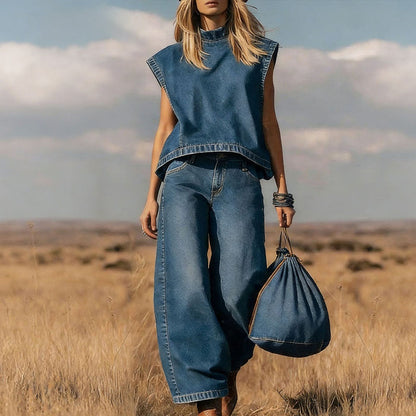 👖 50% OFF NOW! 🧵 Women's Denim Sleeveless Set – Mock Neck Top & Pants – Breathable, Effortless & Chic 🌾