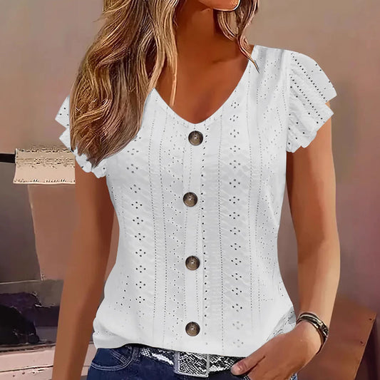 👚 50% OFF NOW! 🌸 Women's Summer V-Neck Eyelet Top – Jacquard Fabric & Ruffle Sleeves – Breathable Elegance ☀️