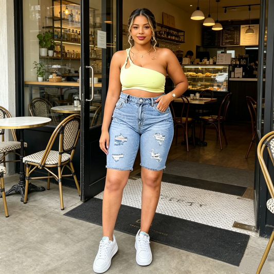 🩳 50% OFF NOW! 🤠 Women's Plus Size Distressed Denim Shorts – Ripped Details, High-Stretch & Mid-Rise ✂️