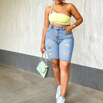 🩳 50% OFF NOW! 🤠 Women's Plus Size Distressed Denim Shorts – Ripped Details, High-Stretch & Mid-Rise ✂️