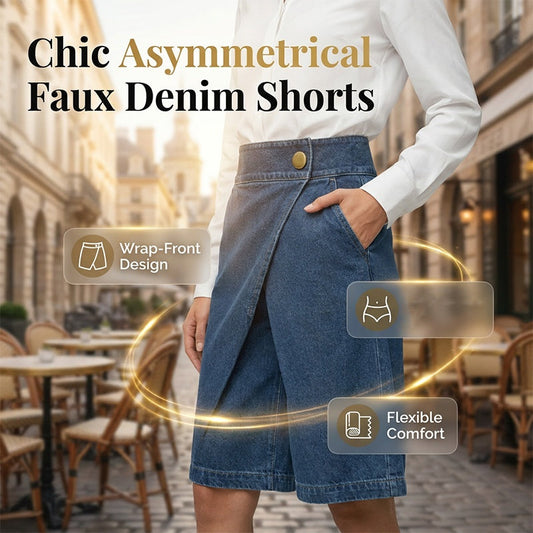 🩳 50% OFF NOW! 🧵 Women's Asymmetrical Wide-Leg Shorts – Chic Faux Denim & Vintage Elegance 🌊