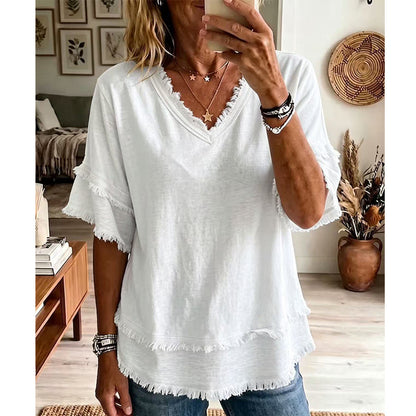 🎉 LIMITED TIME 50% OFF! 👚 Boho Frayed V-Neck Tee – Effortless Summer Breeze 🌿