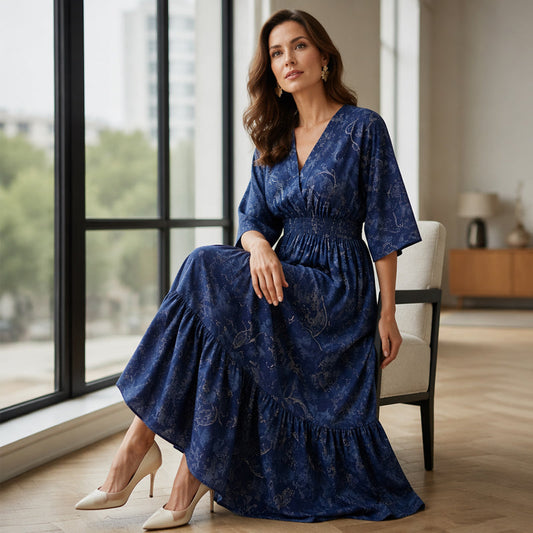 🎉 LIMITED TIME 50% OFF! 🌸 Elegant V-Neck Printed Dress – Breezy Silhouette, Travel Ready ✨