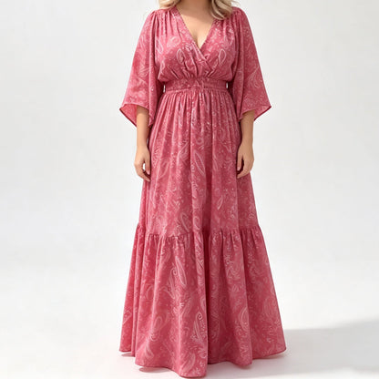 🎉 LIMITED TIME 50% OFF! 🌸 Elegant V-Neck Printed Dress – Breezy Silhouette, Travel Ready ✨