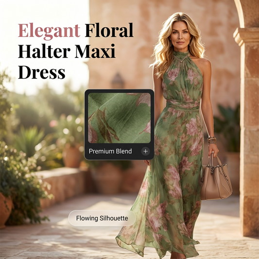 🎉 LIMITED TIME 50% OFF! 💚 Floral Halter Maxi Dress – Goddess Vibes, Floor-Sweeping Flow ✨
