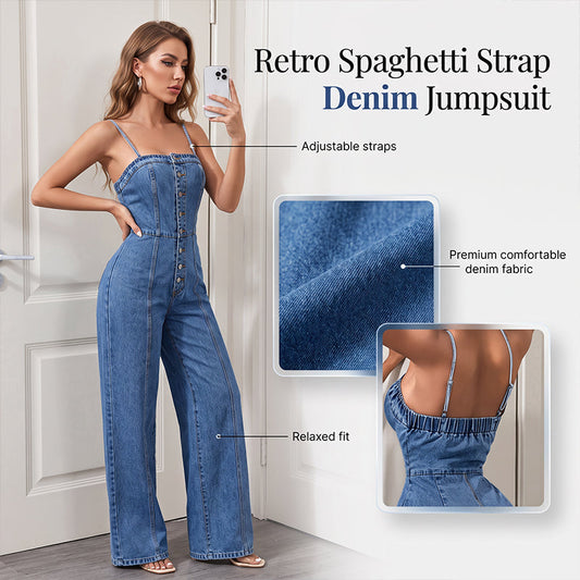 🎉 2026 Sale — Over 34,000 Sold! 👖 Spaghetti Strap Wide-Leg Denim Jumpsuit – High-Waist, Instantly Elongates Your Silhouette! ✨