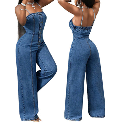 🎉 2026 Sale — Over 34,000 Sold! 👖 Spaghetti Strap Wide-Leg Denim Jumpsuit – High-Waist, Instantly Elongates Your Silhouette! ✨
