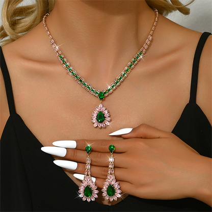 🎉 2026 Sale — Over 22,000 Sold! 💎 Zircon Jewelry Set – Pink & Green Necklace & Drop Earrings – Complete Your Party Look! ✨
