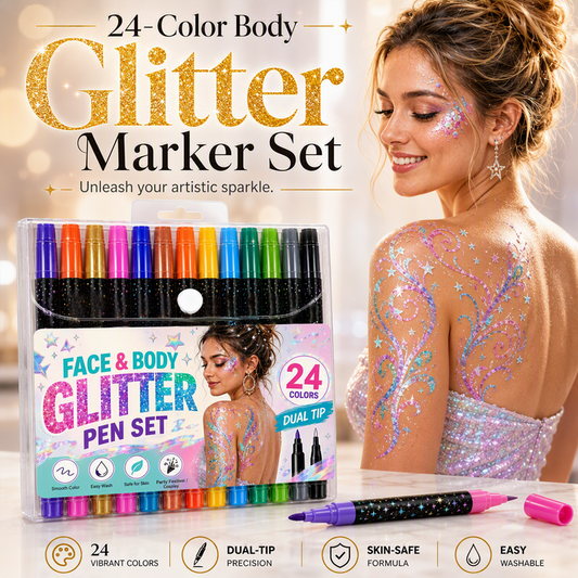 ⚡50% OFF!✨Dual‑Tip Glitter Face & Body Marker Set, Skin‑Friendly Sweat‑Proof, Shimmer Art Pen for Festival Birthday Party 🎁