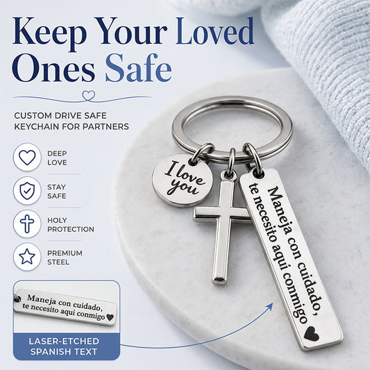 🔑 50% Off Now ✨ Stainless Steel Cross Keychain — "Drive Safe" Blessing 🚗