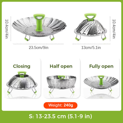 🔥HOT SALE 50% OFF! 🥦🍲 Stop juggling pots and strainers — this expandable steamer basket fits any pot, folds flat for storage, and steams everything from veggies to dumplings. 304 stainless, no rust, no fuss. ✨