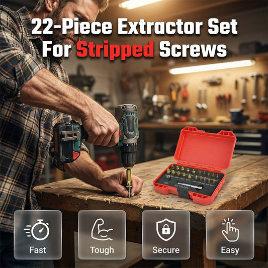 🔥HOT SALE 50% OFF! 🔧⛏️ Stripped screw ruining your project? This 22‑piece extractor set bites in and backs it out — fast, easy, and frustration‑free. No more drilling nightmares. ✨
