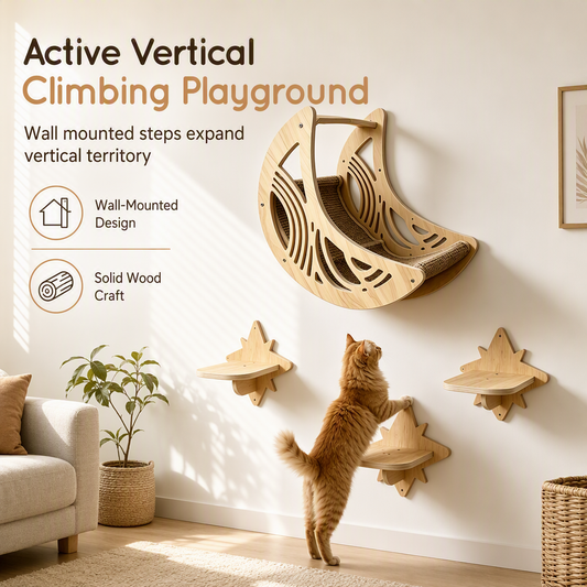 🐱 LIMITED-TIME 50% OFF 🌙 Wall-Mounted Cat Climbing Frame — 3 Steps, Moon Hammock, Sisal Mat, Solid Wood