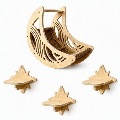🐱 LIMITED-TIME 50% OFF 🌙 Wall-Mounted Cat Climbing Frame — 3 Steps, Moon Hammock, Sisal Mat, Solid Wood