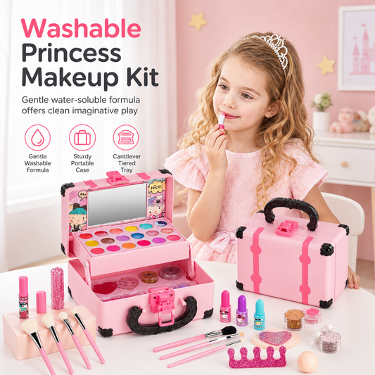 💄 LIMITED-TIME 50% OFF 👑 Kids Pretend Play Makeup Kit — Washable, Safe, Cantilever Vanity Case