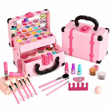 💄 LIMITED-TIME 50% OFF 👑 Kids Pretend Play Makeup Kit — Washable, Safe, Cantilever Vanity Case