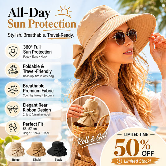 👒 50% OFF NOW! 🎀 Women's Bowknot Wide Brim Sun Hat – Foldable, Breathable & 360° Protection – Compact Travel Companion ☀️